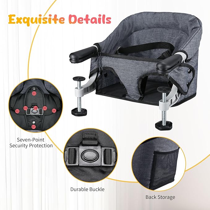 Hook On High Chair with Removable Tray for Babies 6-36 Months | Secure & Portable Foldable Travel High Chair | Clip On Baby Feeding Seat with Non-Slip Aluminum Clamp, Washable Cover & Carry Bag (Grey)