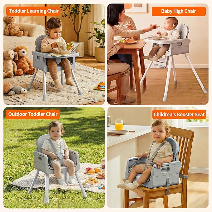 Portable 3 in 1 High Chairs for Babies and Toddlers, Convertible Baby Feeding Chair with Tray, Easy Clean Baby High Chair for Toddler with Foot Rest, Infant Highchairs & Booster Seats with Cush Grey