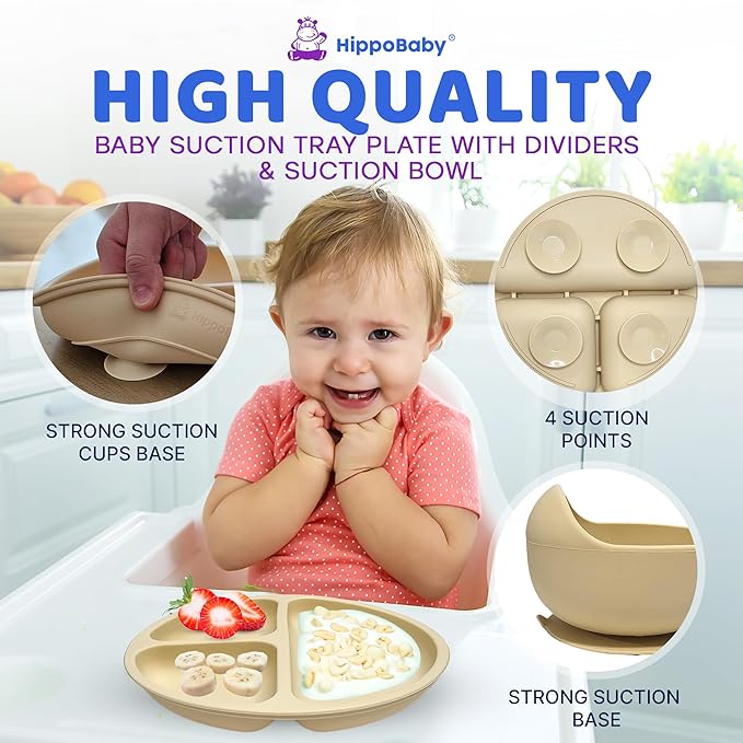 HippoBaby Baby Led Weaning Supplies | 10 Piece Silicone Baby Feeding Set | Baby Toddler Bib Cup Divided Plate and Bowl Self Feeding Spoons Dish Set | Baby Utensils | Toddler Feeding Supplies (Cream)