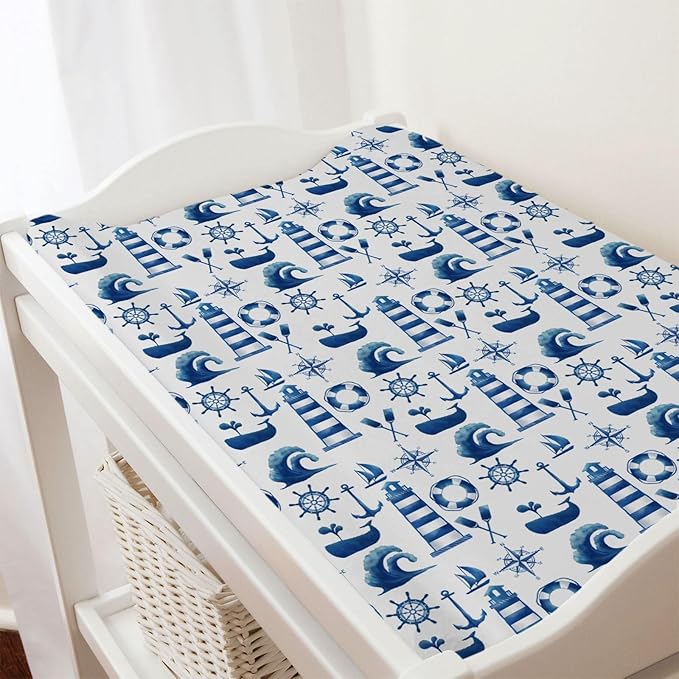 Navy Nautical Life Changing Pad Cover Marine Ocean Lighthouse Compass Whale Changing Table Cover for Baby Boys Girls Soft Breathable Stretchy Fitted Diaper Changing Mat Sheets 32''x16''