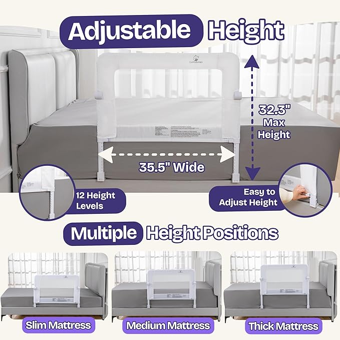 ComfyBumpy Premium Adjustable Bed Rail for Toddlers, Swing-Down Safety Guard, Height Adjusts 24.4"–32.3" H, 35.5" Regular Length, Sturdy Steel & Breathable Mesh, for Twin, Full & Queen, Gray, 1-Pack