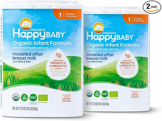 Happy Baby Organics Stage 1 Infant Formula, 0 12 Months, Milk Based Organic Baby Formula Powder with Iron, Probiotics & Prebiotics for Immune & Digestive Support, 22.9 Ounce (Pack of 2)