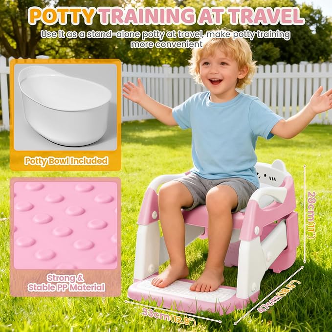 Orzbow Potty Training Seat, Toddler Toilet Seat with Step Stool Ladder, 2-in-1 Toddler Potty Training Toilet Chair for Kids Boys Girls - 5-Level Adjustable Height | Splash Guard | Anti Slip Pad, Pink