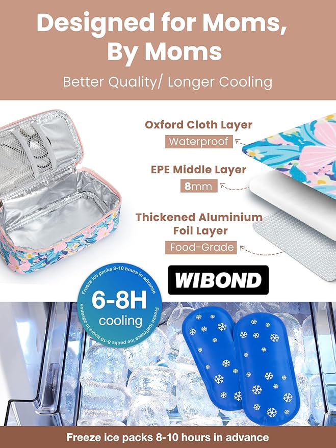 Breast Milk Cooler Travel Bag, Real-Time Temperature Display, Holds 4-6 Breastmilk Storage Bag with 2 Breast Milk Ice Pack, Cooling & Waterproof Portable Cooler for Moms on the Go (Pink Flower)