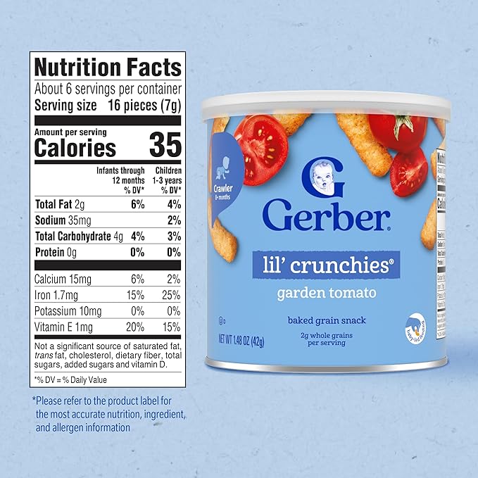 Gerber Stage 3 Baby Food Snacks, Garden Tomato Lil' Crunchies, Snacks for Babies, Baby Led Feeding, 6-Pack