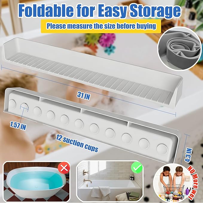 Longer Bathtub Splash Guard for Kids Adult - Bathtub Tray 31IN Silicone Bath Tub Tray Shelf with 11 Suction Cups, Bathtub Accessories Bath Toy Holder Play Shelf , Sink Side Splash Guard Tray, Gray