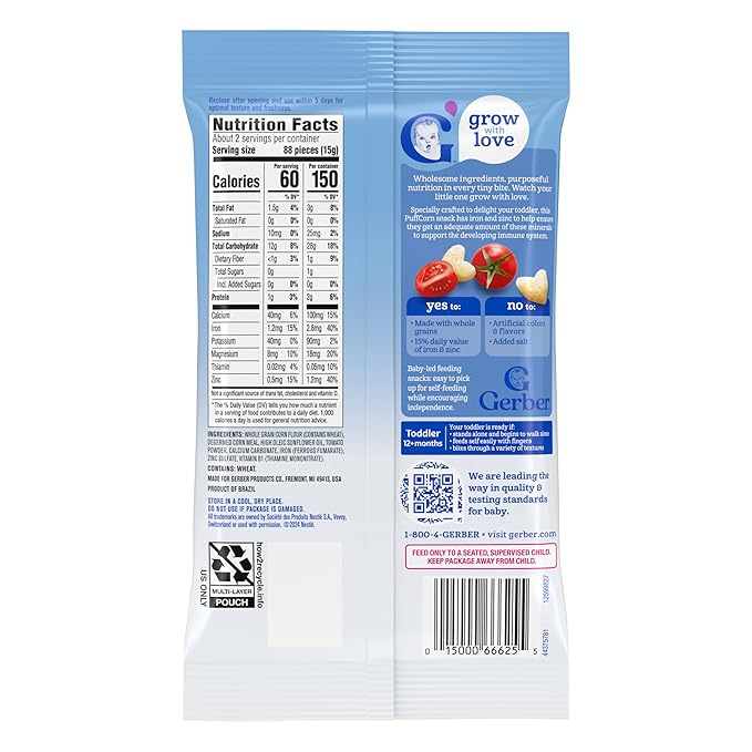 Gerber Toddler Snacks, Snacks for Kids, Kernel Free, Heart Shaped Puffcorn Snack, Tomato Bliss Flavor, Zinc and Iron Helps Support Immune System, 7-Pack