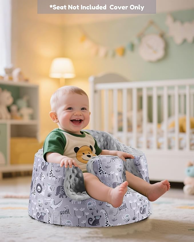 BOMOLOUR Seat Cover Compatible with Bumbo and Nuby Seat, Removable Breathable Baby Floor Seat Cover for Boys and Girls, Seat Not Included (Grey Animal)