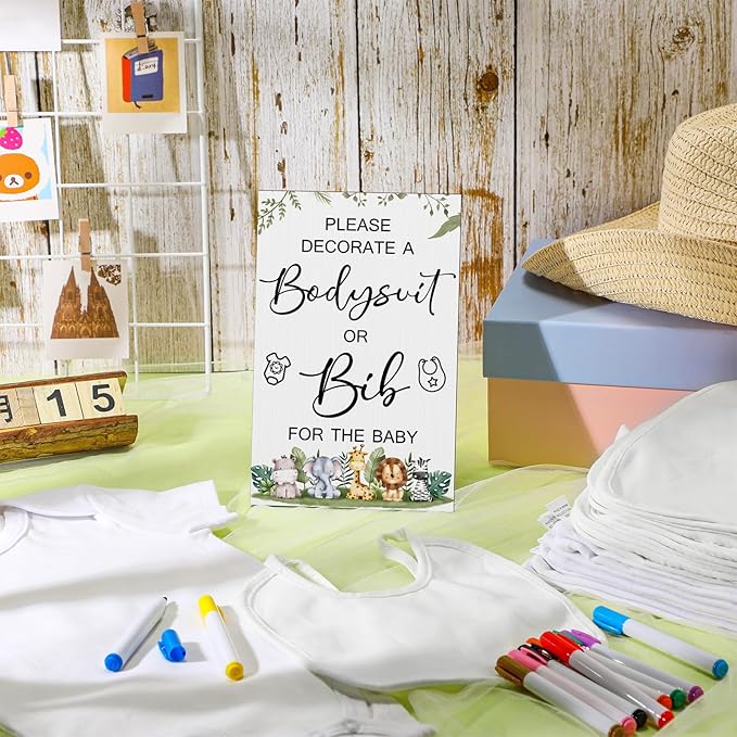 Roowest 35 Pcs Baby Shower Bibs Games Design Wooden Baby Shower Party Game Sign DIY Bodysuit Sign 15 White Blank Bibs 9 Bodysuit 10 Markers for Party Supplies(Jungle)