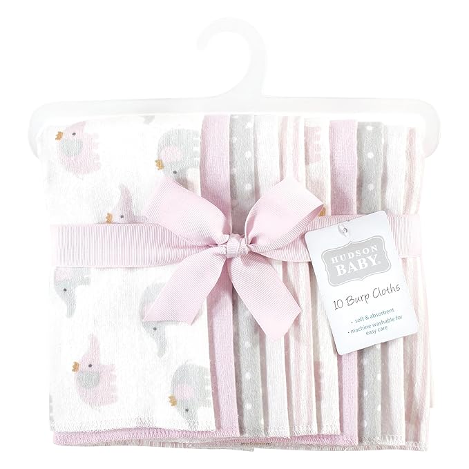 Hudson Baby Unisex Baby Cotton Flannel Burp Cloths, Lilac Elephants 10 Pack, One Size