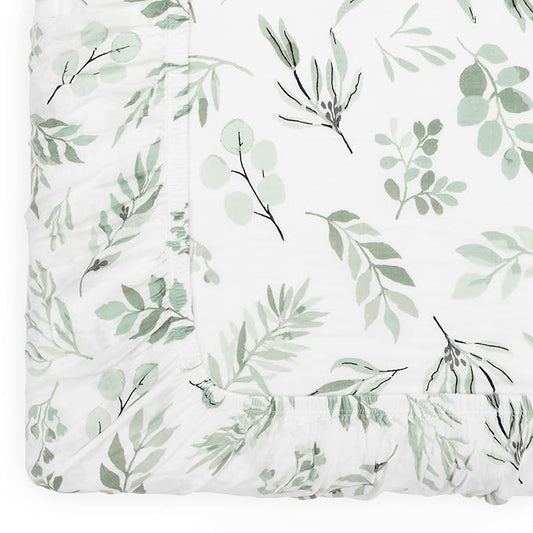 Organic Muslin Changing Pad Cover - Fitted Baby Changing Mat, Soft and Breathable, Eucalyptus Leaves, 16”x32”
