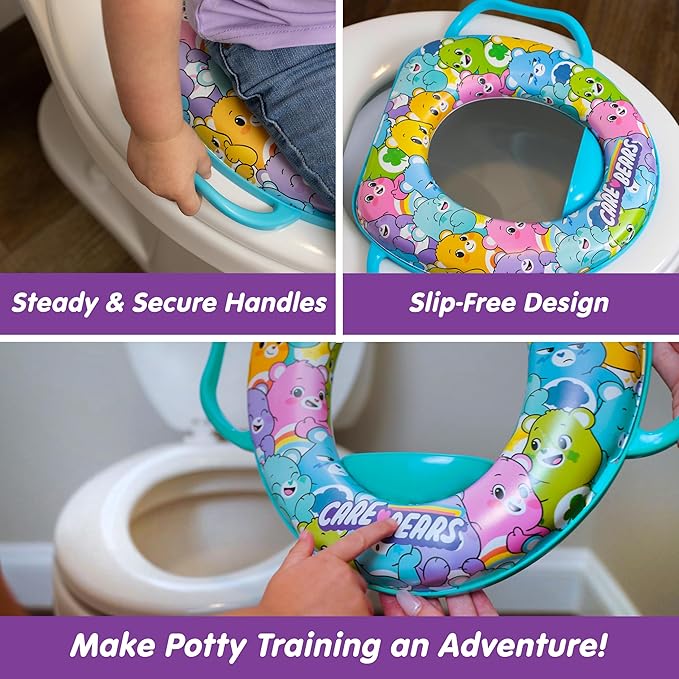 Care Bears Soft Potty Training Seat for Toilet with Storage Hook, Non-Slip Potty Ring with Splash Guard, Built-in Handles for Toddlers