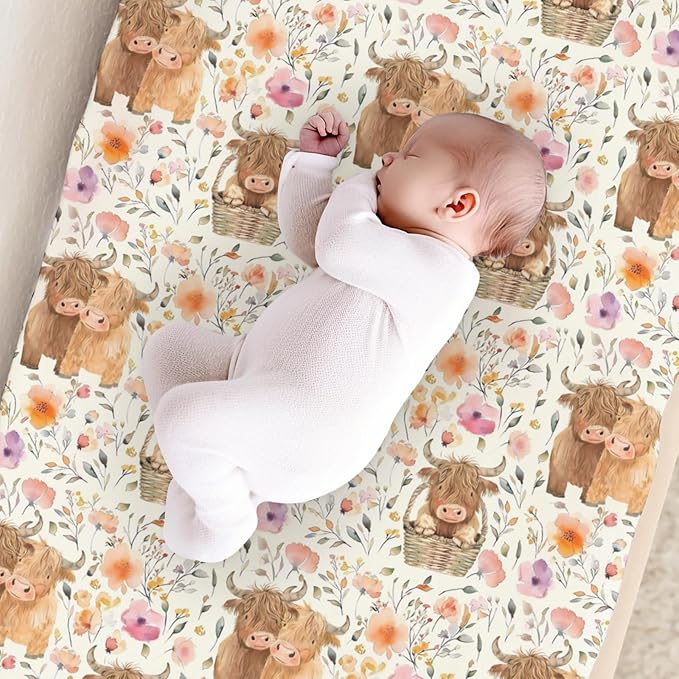 Cartoon Highland Cow Flowers Floral Baby Changing Pad Cover,Unisex Western Farm Animals Cow Nursery Diaper Changing Table Pad Mat Sheet for Boys Girls-16x32
