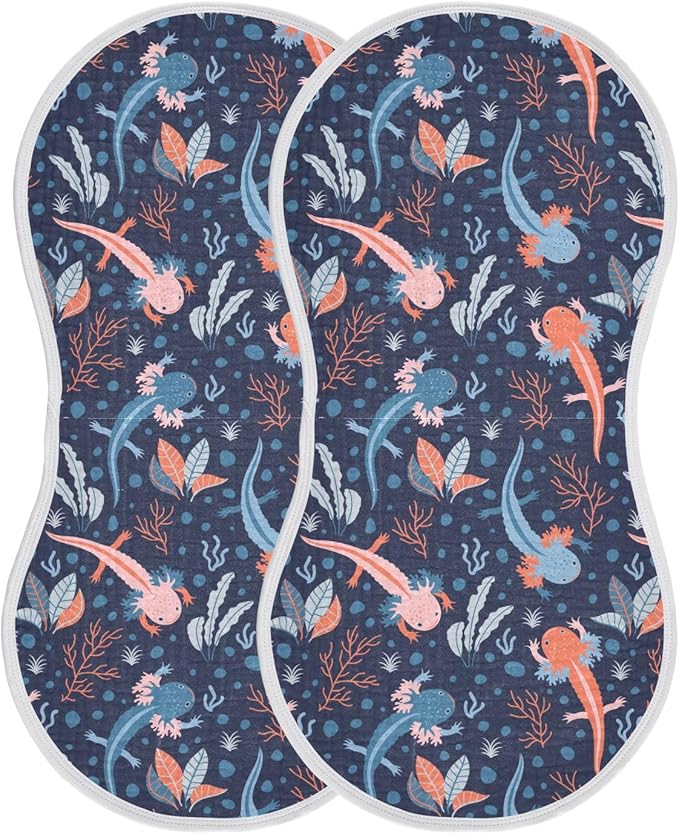 Muslin Burp Cloths for Baby Boys and Girls - 2-Pack Ultra Absorbent Cartoon Axolotl Muslin Washcloths, Newborn Towel, Milk Spit Up Rags, Burp Cloth Bib for Unisex, 22 x 11 Inch