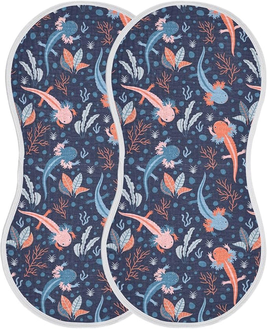 Muslin Burp Cloths for Baby Boys and Girls - 2-Pack Ultra Absorbent Cartoon Axolotl Muslin Washcloths, Newborn Towel, Milk Spit Up Rags, Burp Cloth Bib for Unisex, 22 x 11 Inch