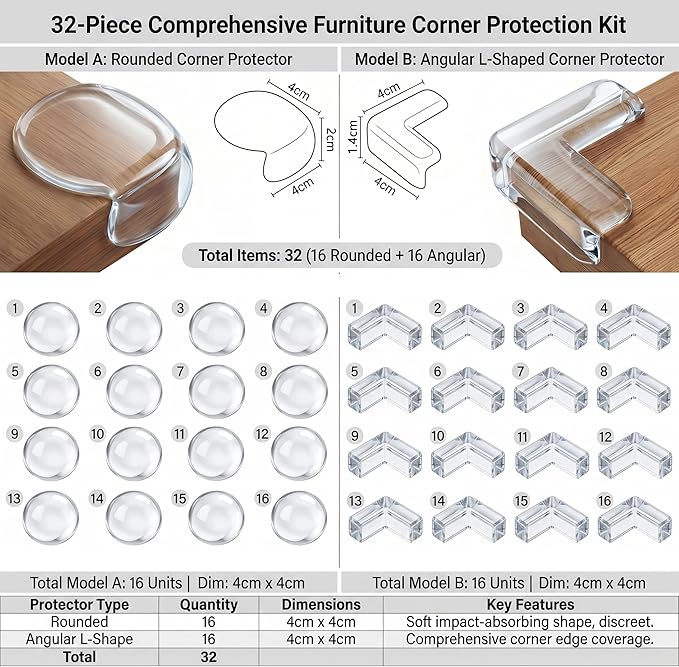 Extra Large & Ultra-Safe Baby Corner Protector Guards - 2 Shapes 32-Piece Clear Corner Protectors for Furniture, Super Strong Adhesive, Baby Proofing for Sharp Edges, Easy to Install Child Safety Set