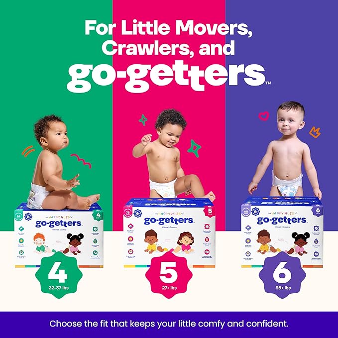 Happy Hues Go-Getters Disposable Diapers Size 5, 27+ lbs–Baby Diapers with Shea Butter, Wetness Indicator,Leak Protection–Ultra-Soft Unisex Diapers with Full Coverage for Boys &Girls –78Count