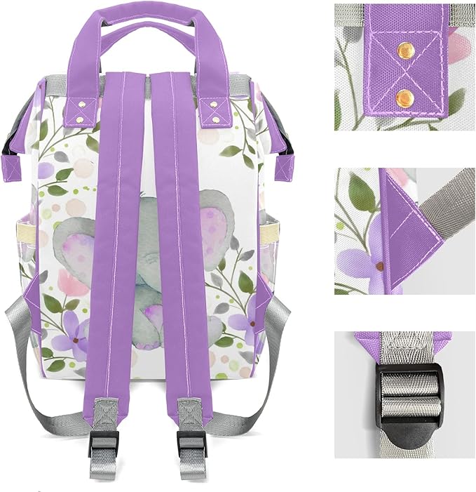 Purple Floral Elephant Cute Diaper Bag Baby Nappy Bag Daughter Multi-Function Custom Baby Bag Picnic Diaper Carrying Bag Unisex Gifts with Name