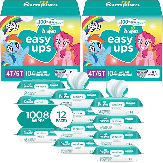 Pampers Easy Ups Pull On Training Underwear Girls, 4T-5T, 2 Month Supply (2 x 104 Count) with Sensitive Water Based Baby Wipes 12X Multi Pack Pop-Top and Refill (1008 Count)