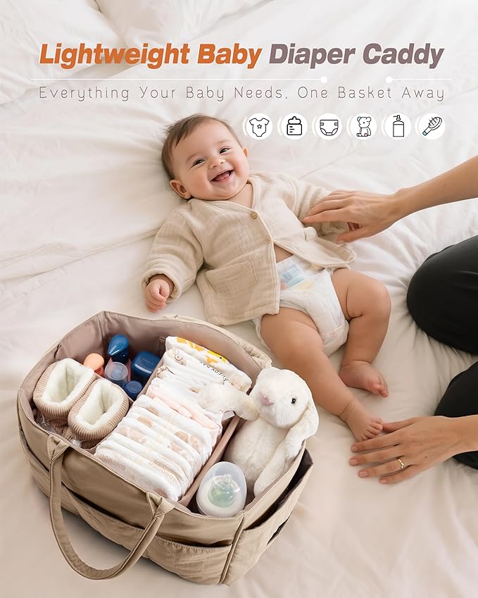 Marscamd Quilted Baby Diaper Caddy with Detachable Dividers and Wipes Pocket, Lightweight Baby Caddy Organizer with Handles and 8 Pockets for Baby Stuff, Camel
