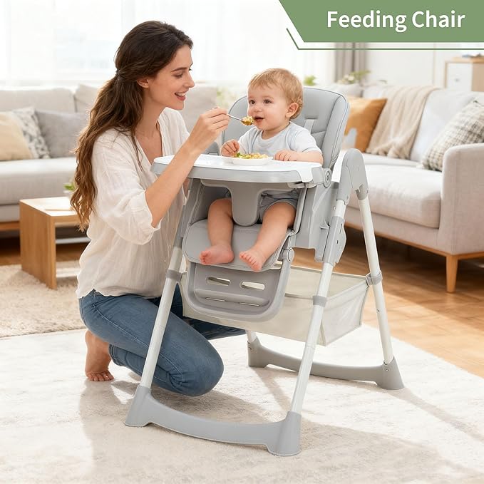 GarveeLife Foldable High Chair for Babies & Toddlers, PU Leather Highchair with Adjustable Backrest, Footrest, Seat Height, Removable Tray, 5-Point Safety Harness, Light Grey