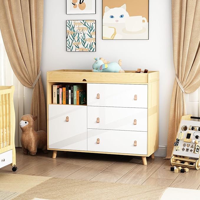 Timechee Baby Dresser Changing Table with Drawers,Shelf,Hidden Laundry Basket Storage,2 in 1 Nursery Dresser Chest for Infants, Baby Diaper Changing Station for Daycare,Bedroom,Natural