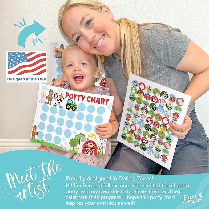Hadley Designs Potty Training Chart for Toddlers Boys -10 Sticker Potty Chart for Toddlers Girls, 8.5x11 Potty Training Sticker Charts for Toilet Success, Farm Animals Toddler Reward Chart for Kids
