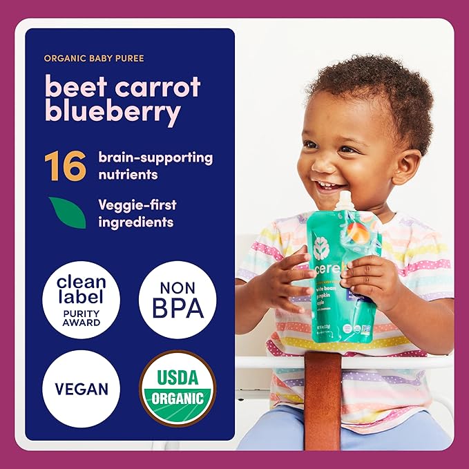 Cerebelly Organic Baby Food Pouches, Beet Carrot Blueberry Purees, 16 Nutrients, No Added Sugar, Fiber & Non-GMO, 4oz, 6 Pack