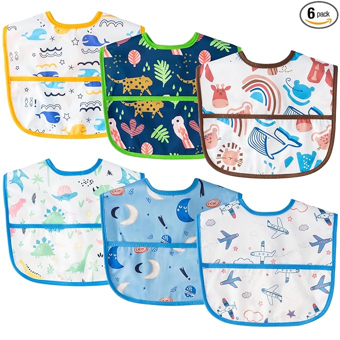 6Pcs Baby Bibs for Eating Toddler Adjustable Feeding Bibs with Crumb Catcher Pocket Waterproof Sleeveless Teething Plastic Food Bib Set Infant Keepsake Gift for Baby Shower, 6-24 Months