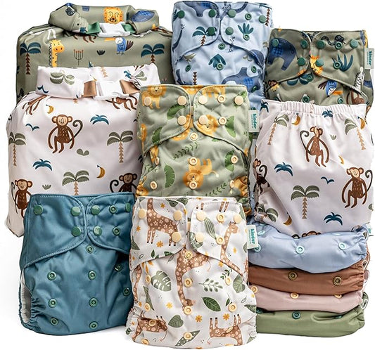 Kinder Cloth Diapers Reusable Baby Diapers Pocket Style Athletic Wicking Jersey, Bamboo Viscose Inserts Wet Bag, Newborn to Potty Training 7-60lbs, One Size (Safari Friends, 10 Pack, with Inserts)