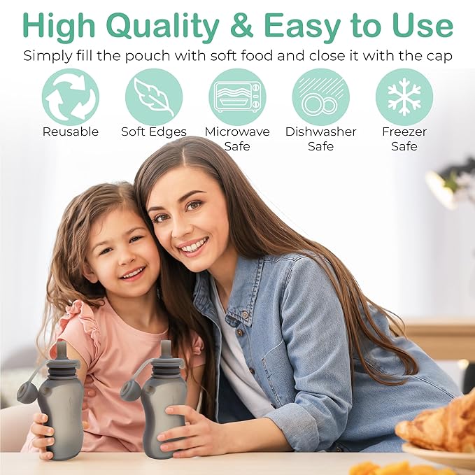 TEAMKO Silicone Reusable Baby Food Pouches: BPA-Free and Eco-Friendly, Baby Food Pouches Refillable for Feeding Essentials, 5 oz Reusable Pouches for Toddlers and Babies (3-Pack)