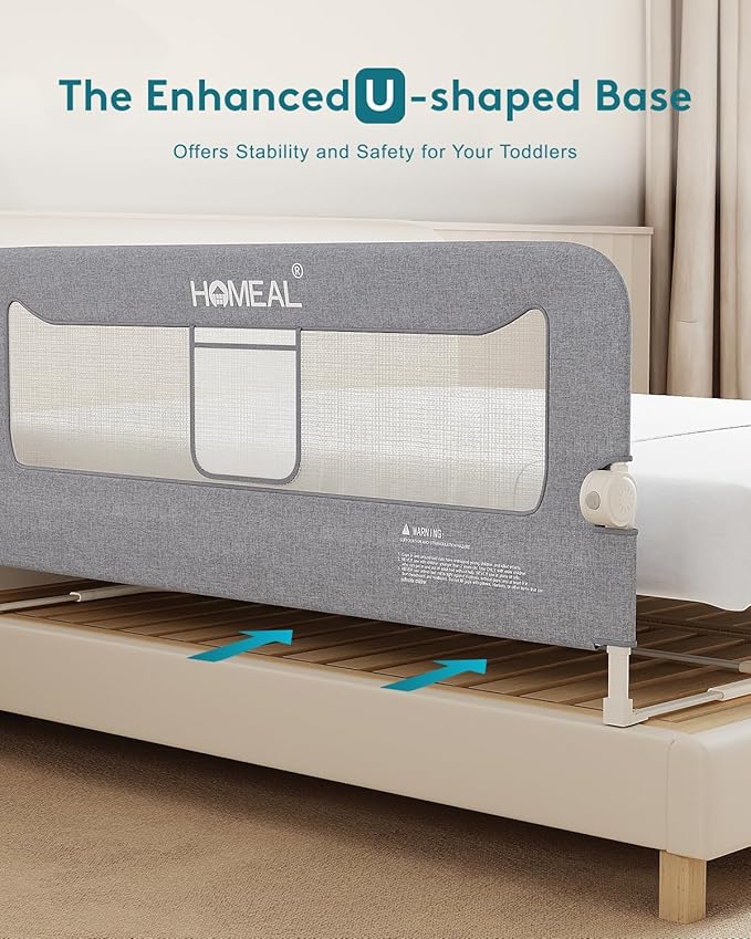 HOMEAL Bed Rail for Toddlers, 32" Swing Down Bed Guard with Double Reinforced Stability, Foldable Metal Safety Rail for King, Queen, Full & Twin Beds, Grey