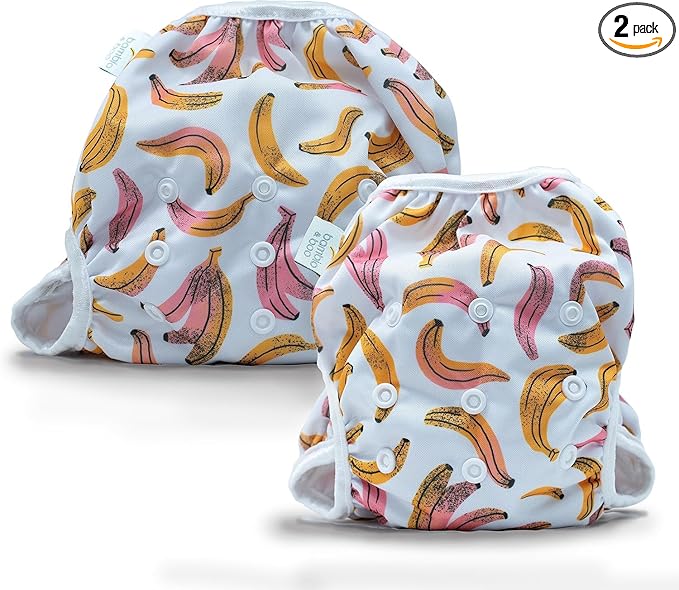 Bambio & Boo - Reusable Swim Diapers, Full Size Pack (S & L), 0-40 Months, Newborn-40lbs, Leak-Proof, Adjustable, Quick Drying for Babies & Toddlers. Ideal for Swimming Lessons (Bananas)