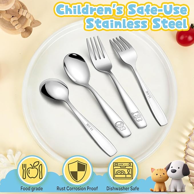 LIANYU 10 Pieces Toddler Silverware Set, Stainless Steel Kids Silverware Set, Metal Baby Utensils with Small Toddler Forks and Spoons, Children Safe Flatware with Cute Pattern, Dishwasher Safe