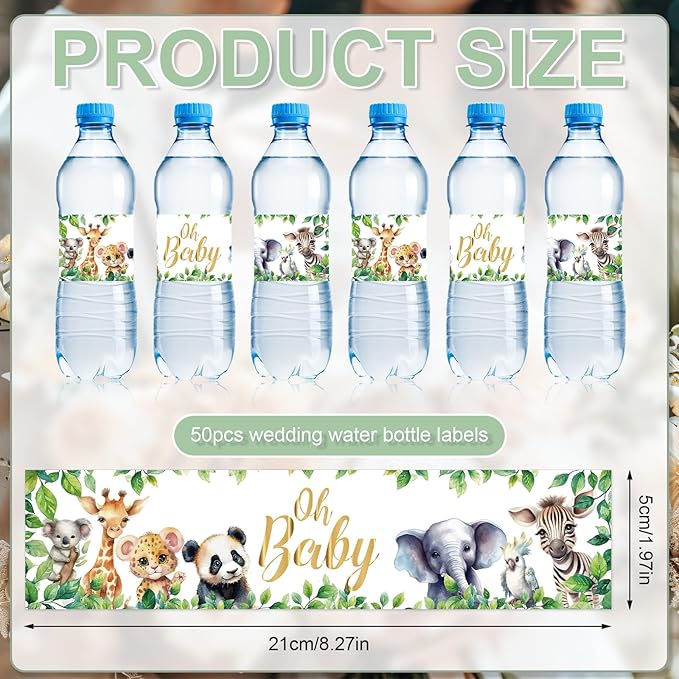 NQEUEPN 50pcs Baby Shower Water Bottle Labels, Waterproof Decorative Personalized Wrap Stickers for Party Decorations (Animal Style)