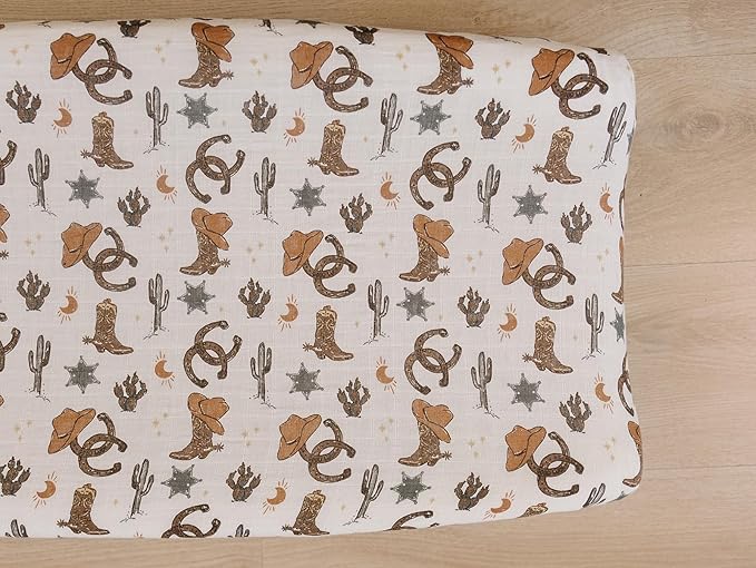 Mebie Baby Changing Pad Cover, Outlaw Cowboy, 100% Muslin Cotton Changing Table Pad Cover for Baby Boy and Girl, Designer Nursery Decor Covers, Diaper Changing Pad Cover for Changing Station