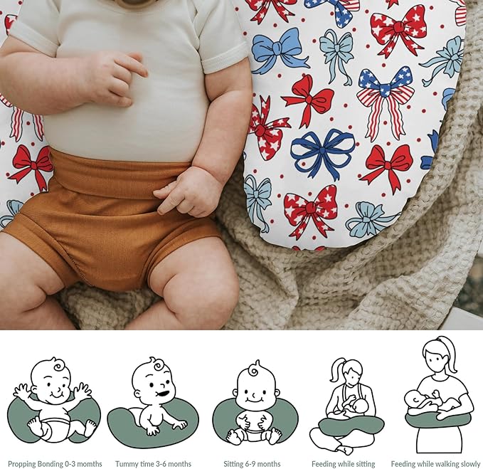 American Flag Bows Stars Baby Nursing Pillow Covers for Boy Girl Patriotic Ribbons Nursing Slipcovers for Breastfeeding Pillows Cute 4th of July Bows Soft Stretchy Removable Cover for Newborn Infant