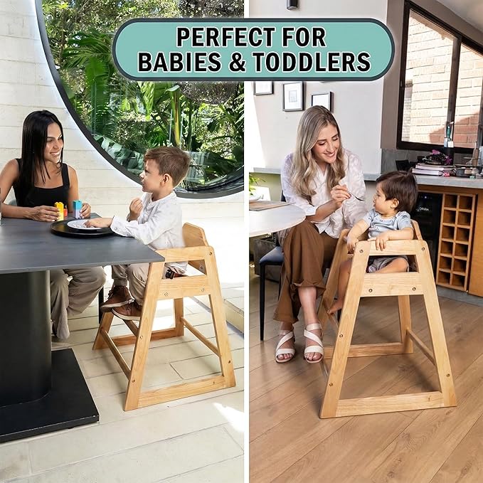 LA Baby Wooden High Chair - Restaurant Style Solid Wood Highchair for Babies and Toddlers - ASTM F404 Safety Certified - Stackable Design - Natural