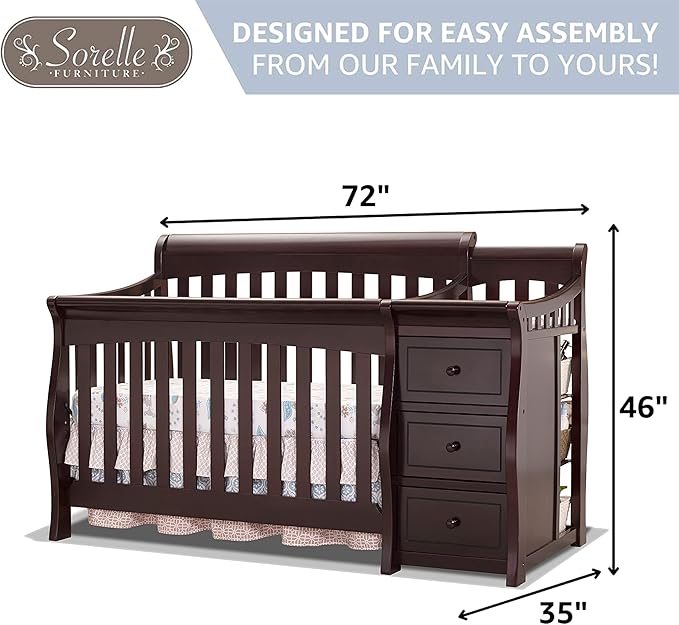 Sorelle Furniture Princeton Elite Crib and Changer Classic -in- Convertible Diaper Changing Table Made of Pine Wood Non-Toxic Finish Wooden Baby Bed Toddler Childs Daybed Full-Size Nursery - Espresso