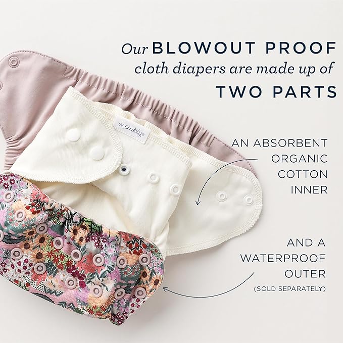 Esembly Cloth Diaper Bundle Set - 3 Organic Cotton Absorbent Inners and 1 Waterproof Outer Diaper Cover - Reusable, Washable, Snap Closure Cloth Diapers - Size 2 (18-35lbs), Mist