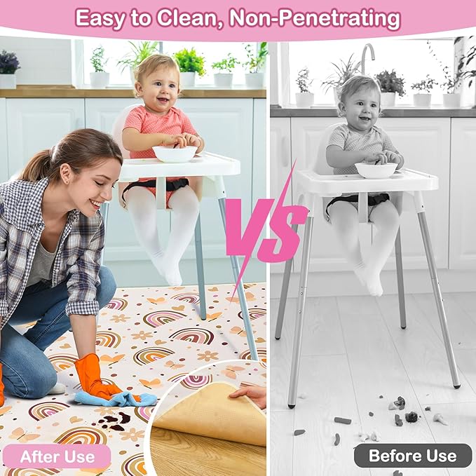 Basumee Splat Mat High Chair Mat Waterproof Baby Play Splat Mat for Under High Chair Food Catcher Highchair Mat for Floor Non Slip Bottom, Brown Rainbow, 46x42 Inches