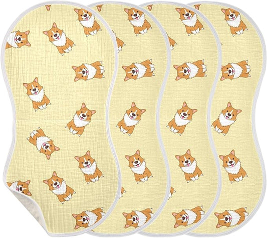 Cute Corgi Dog Pattern Muslin Burp Cloths for Baby 4 Pack Soft 100% Cotton Baby Washcloths Bibs for Boy Girl