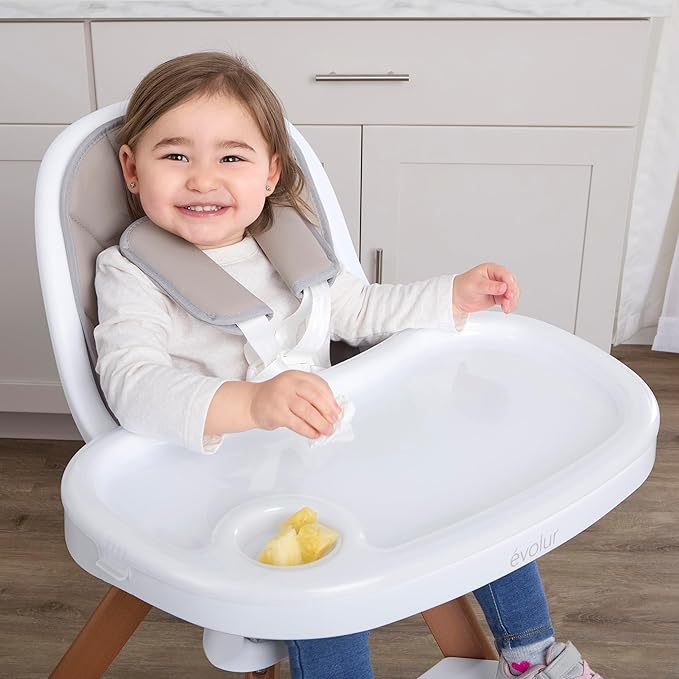 évolur Zoodle 3-in-1 High Chair in Light Grey | Convertible Wooden Baby Feeding Chair with Dishwasher Safe Removable Tray, Adjustable Footrest, Padded Cushion, 5-Point Harness for Infants & Toddlers
