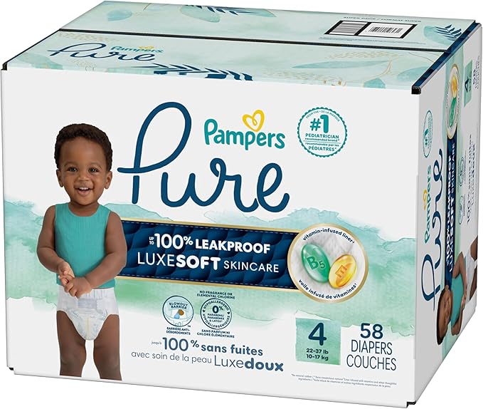 Pampers Pure Baby Diapers, Size 4 (22-37 lbs), 58, Up to 100% Leakproof, Premium Hypoallergenic Soft Diapers