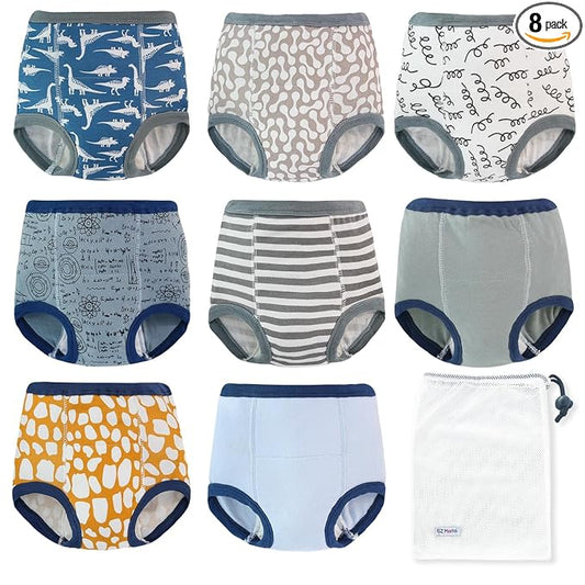 EZ Moms 8 Packs Potty Training Underwear Soft 100% Cotton Absorbent Toddler Training Underwear Boys Kid Confident Underpants for Boys 5T Reusable Leakproof Baby Pee Pants with Potty Sticker Chart