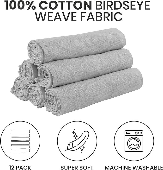 Deluxe 100% Natural Cotton Birdseye Cloth Diapers for Babies - Absorbent Cloth Diapers Burp Cloths - Grey - 6 Pack