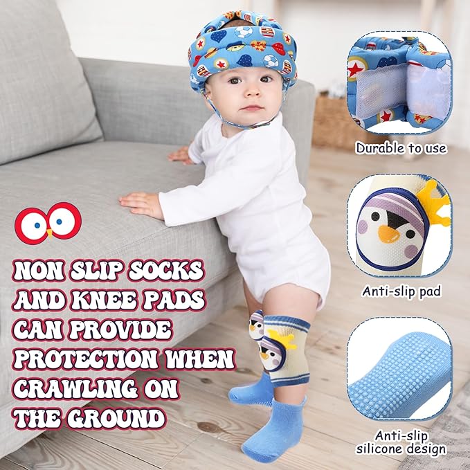 Panitay 15 Pcs Baby Safety Helmet Infant Walking Harness with Anti Slip Knee Pads for Crawling Toddler Socks 2 No Bumps Baby Head Protector Adjustable Walking Assistant(Blue,Owl)