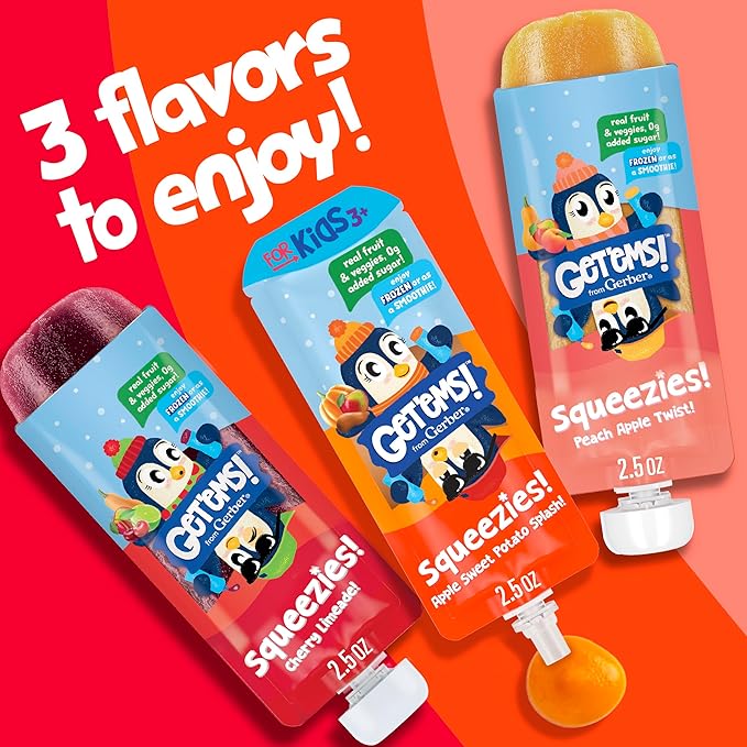 Get'ems from Gerber, Squeezies, Peach Apple Twist Kids Smoothie Pouch, Fruit and Veggie Pouches, Ice Pops, Freezie Fruit Pops, Snacks for Kids, 8-Pack