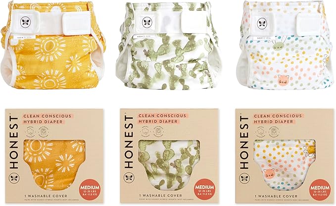 Super Boosties 90ct + Honest Hybrid Cloth Diaper Cover with Pocket-Sling, Medium (12-25 lbs), Stops Nighttime Leaks, Boosties Disposable Diaper Inserts, Honest Cotton Muslin Covers, 3 Pack