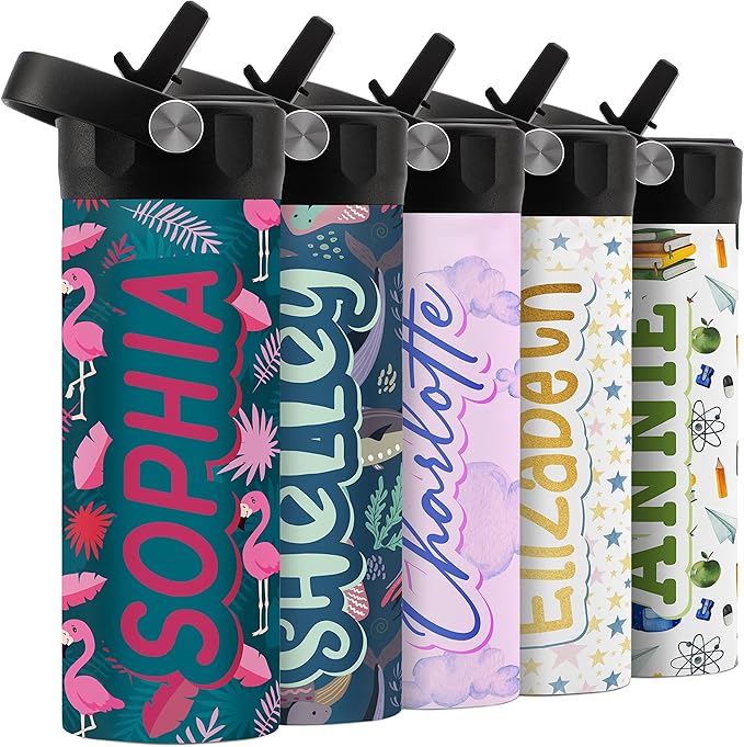 Personalized Water Bottle for Kids - 14 oz - 14 Design Options, Custom Water Bottle for Children - End of School Year Gifts, Back to School Gifts - BPA FREE, Double-Wall Insulation - Flamingo